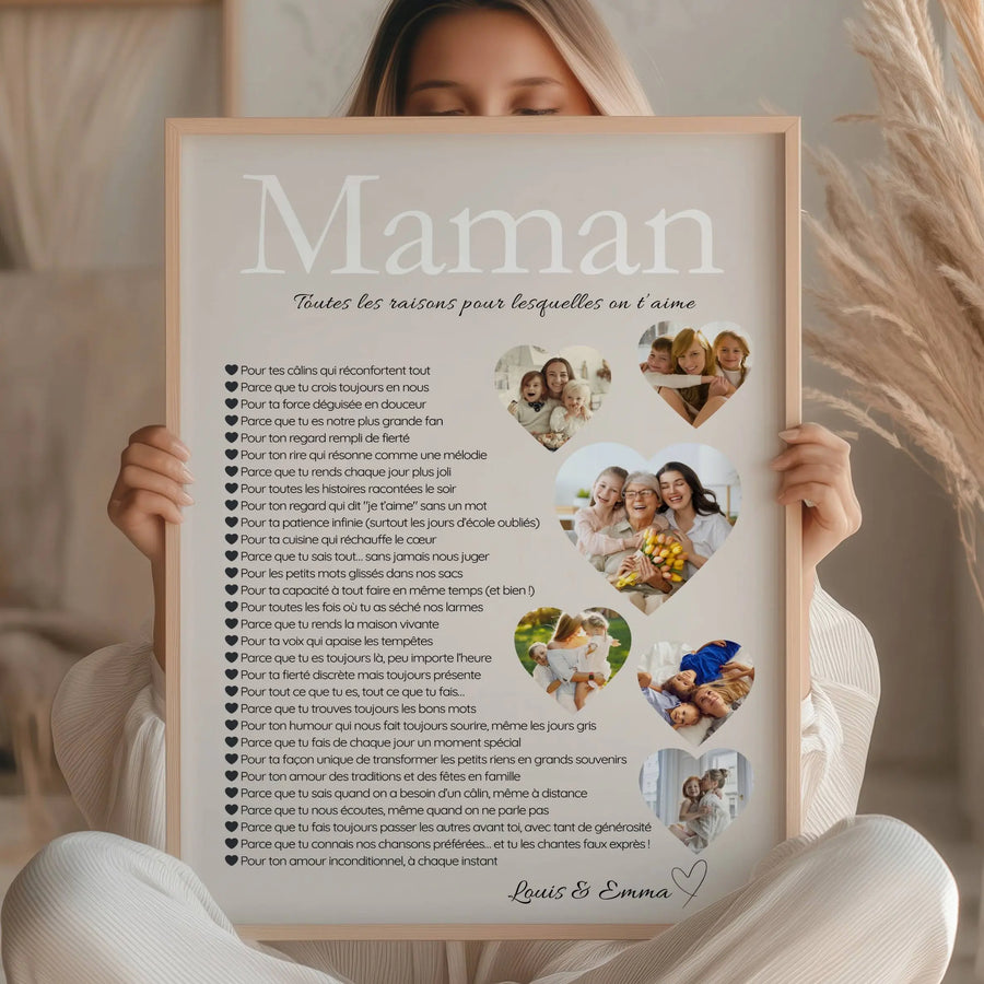 Affiche maman personnalisée avec photos en forme de cœur et texte toutes les raisons pour lesquelles on t’aime – cadeau maman émotion.