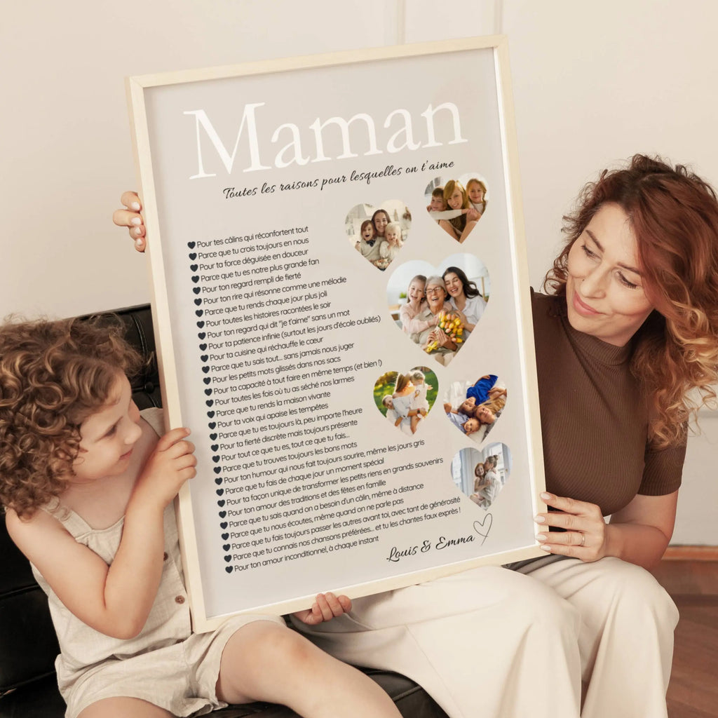 Affiche personnalisée maman avec collage photos en forme de cœur représentant des moments de famille et souvenir mère enfants.