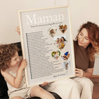 Affiche personnalisée maman avec collage photos en forme de cœur représentant des moments de famille et souvenir mère enfants.