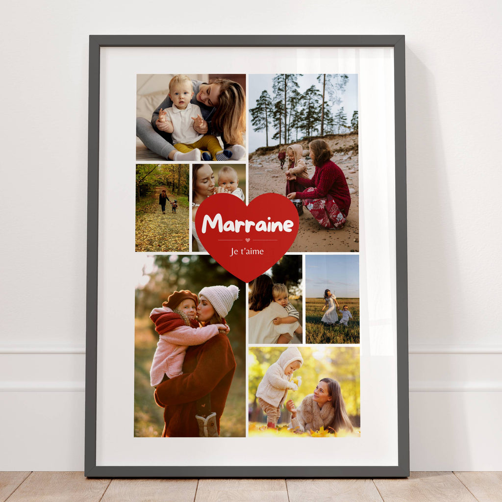 Affiche photo personnalisée pour marraine avec collage de souvenirs et message d'amour au centre dans un cœur rouge