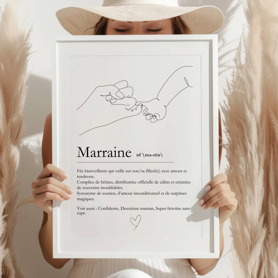 Texte définition marraine avec message affectueux et symbolique imprimé sur affiche décorative élégante
