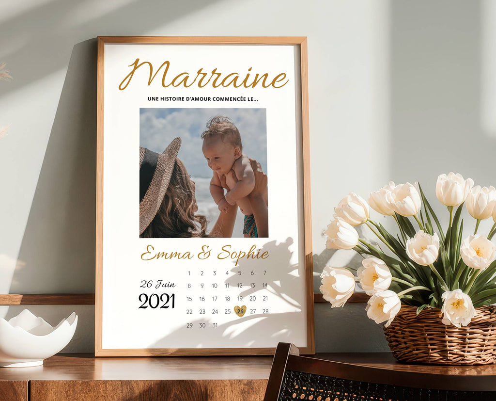 Affiche Marraine personnalisée avec photo – date en cœur sur calendrier