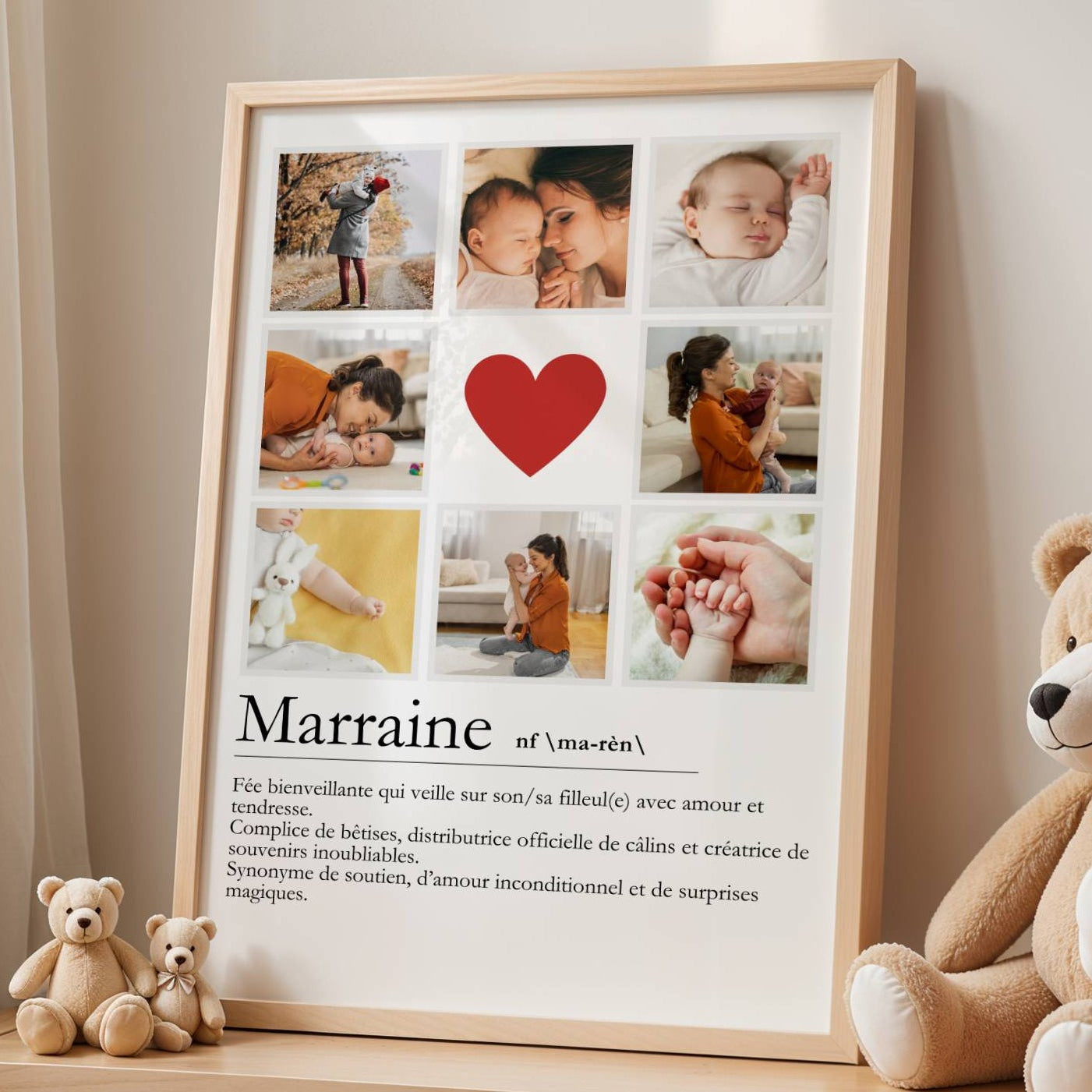 Cadeau marraine pour baptême ou naissance, affiche avec photos