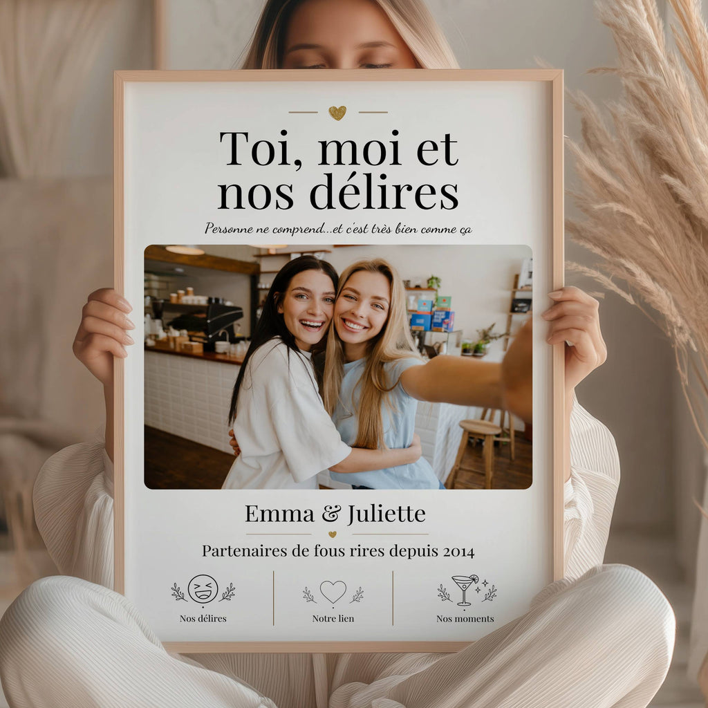 Affiche meilleure amie drôle personnalisée avec photo, prénoms et phrase complice pour un cadeau plein d’humour