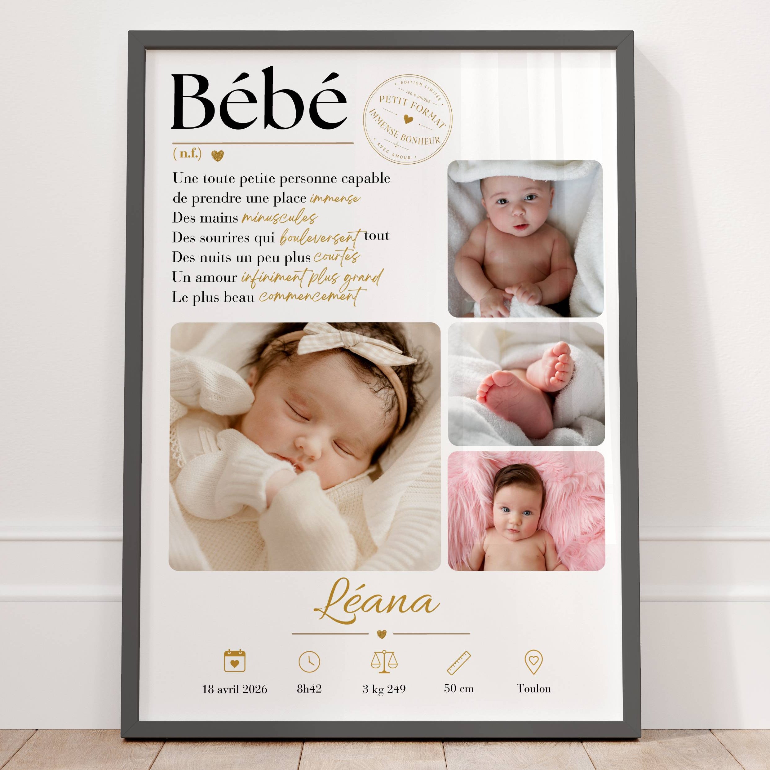 Affiche naissance personnalisée avec quatre photos, prénom et informations de naissance, souvenir tendre pour jeunes parents.