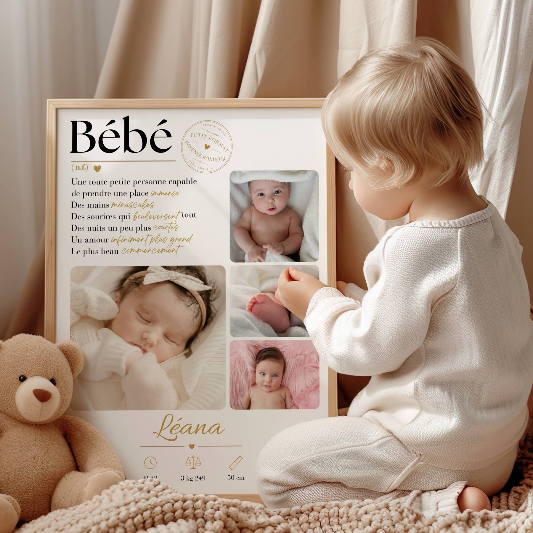 Cadeau de naissance personnalisé avec photos, prénom, date, heure, poids, taille et lieu de naissance de bébé.