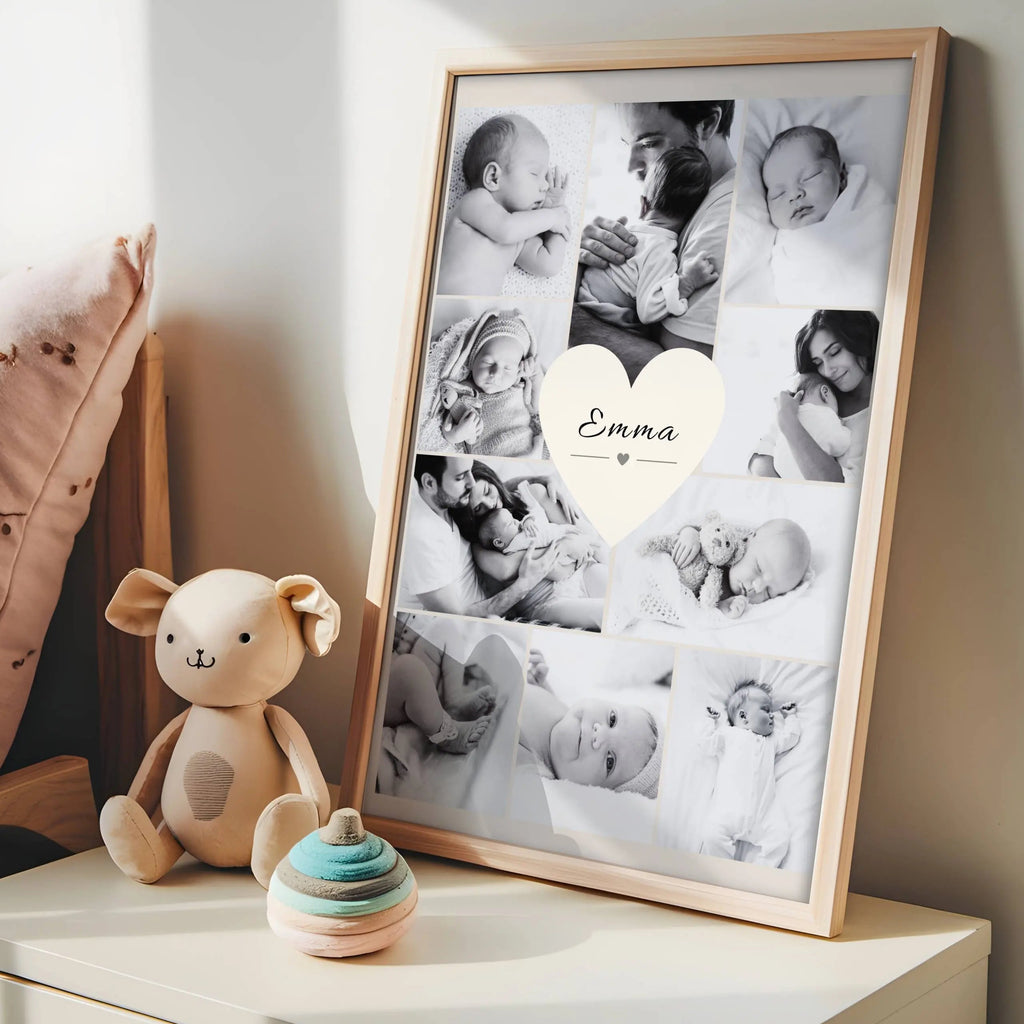 Montage photo naissance personnalisé regroupant plusieurs souvenirs de bébé dans une affiche cadeau pleine d'émotion
