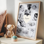 Montage photo naissance personnalisé regroupant plusieurs souvenirs de bébé dans une affiche cadeau pleine d'émotion