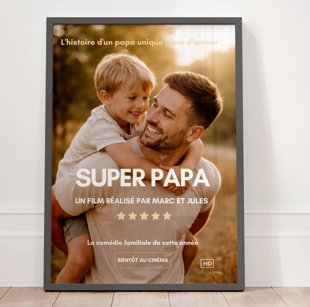affiche papa personnalisée style film super papa avec enfant cadeau fête des pères original