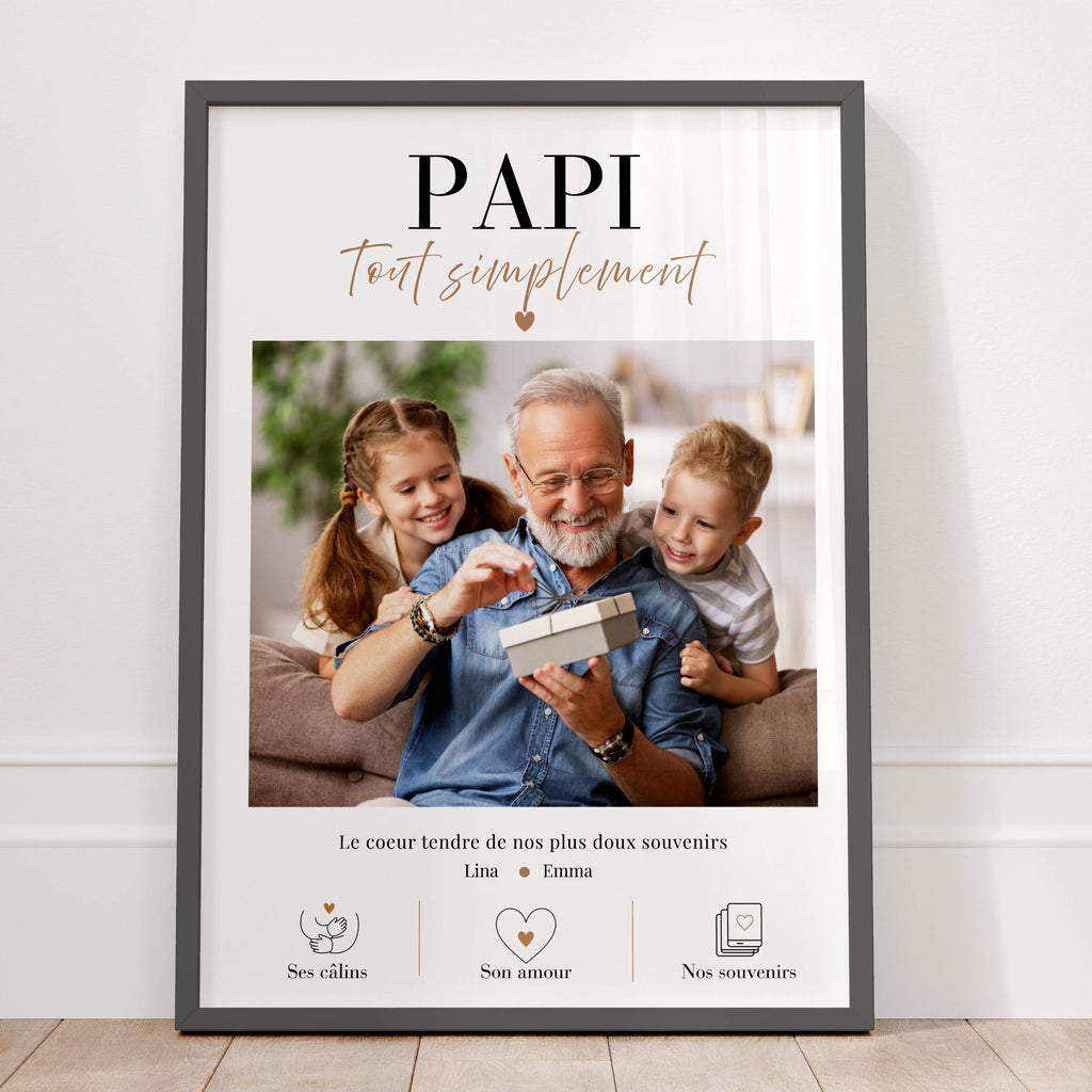 Affiche Papi personnalisée encadrée, cadeau grand-père avec photo et prénoms des petits-enfants