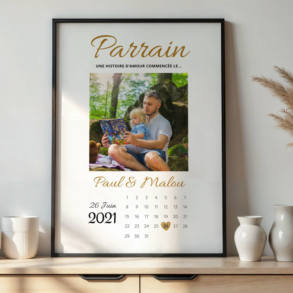 Affiche parrain personnalisée avec photo, prénoms et date de baptême
