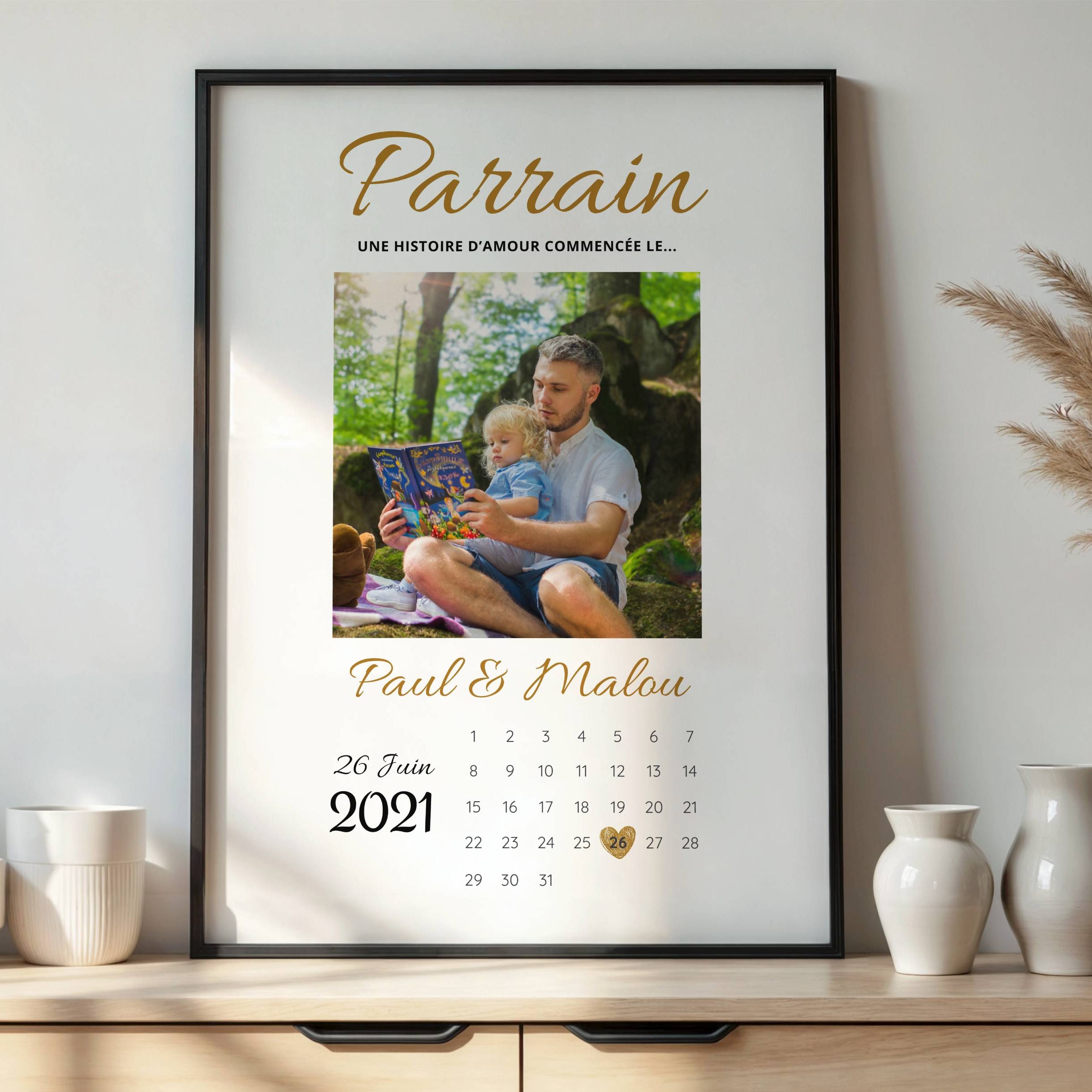 Affiche parrain personnalisée avec photo, prénoms et date de baptême