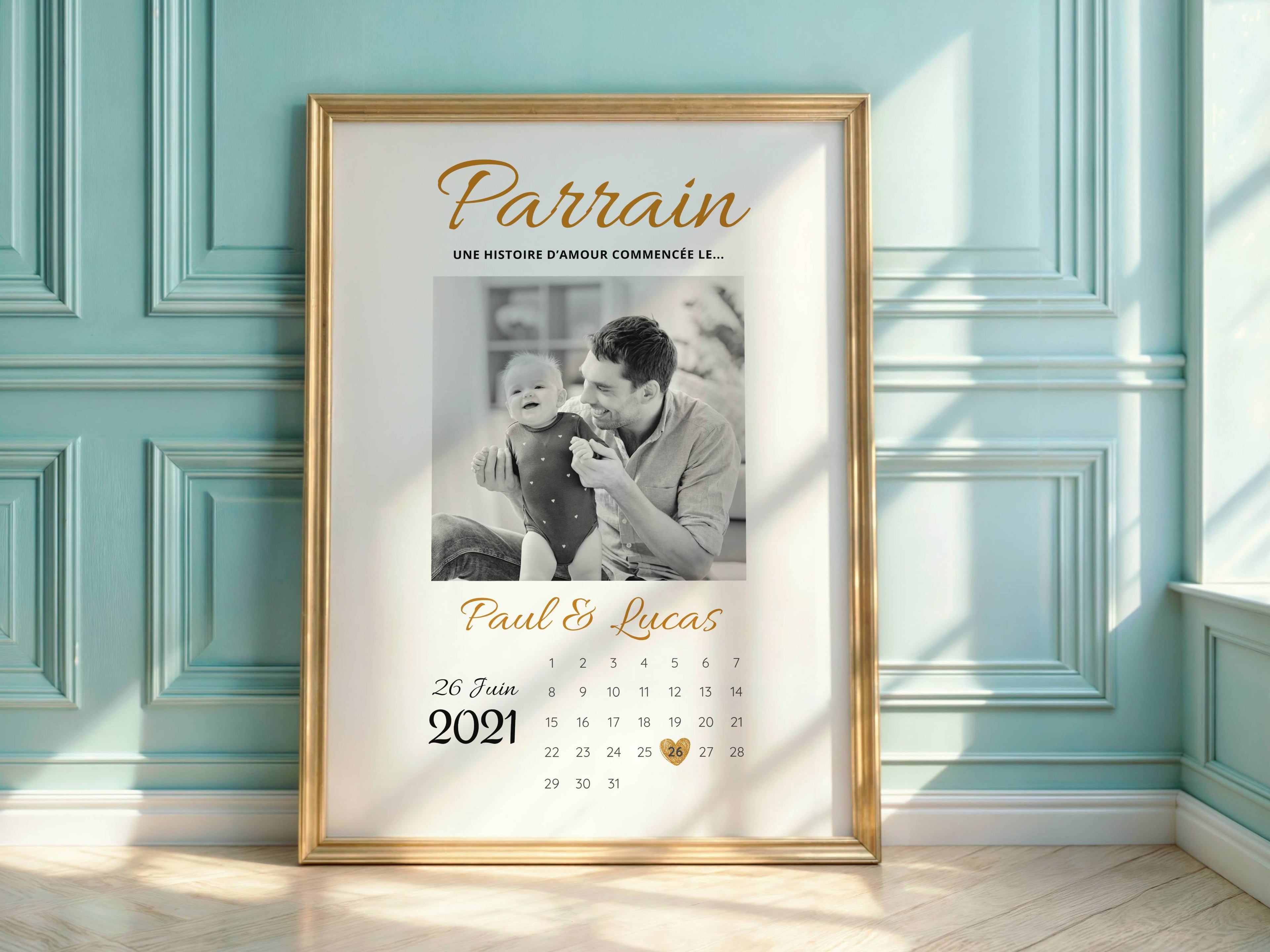 Cadeau de baptême pour parrain, affiche personnalisée pleine d’émotion