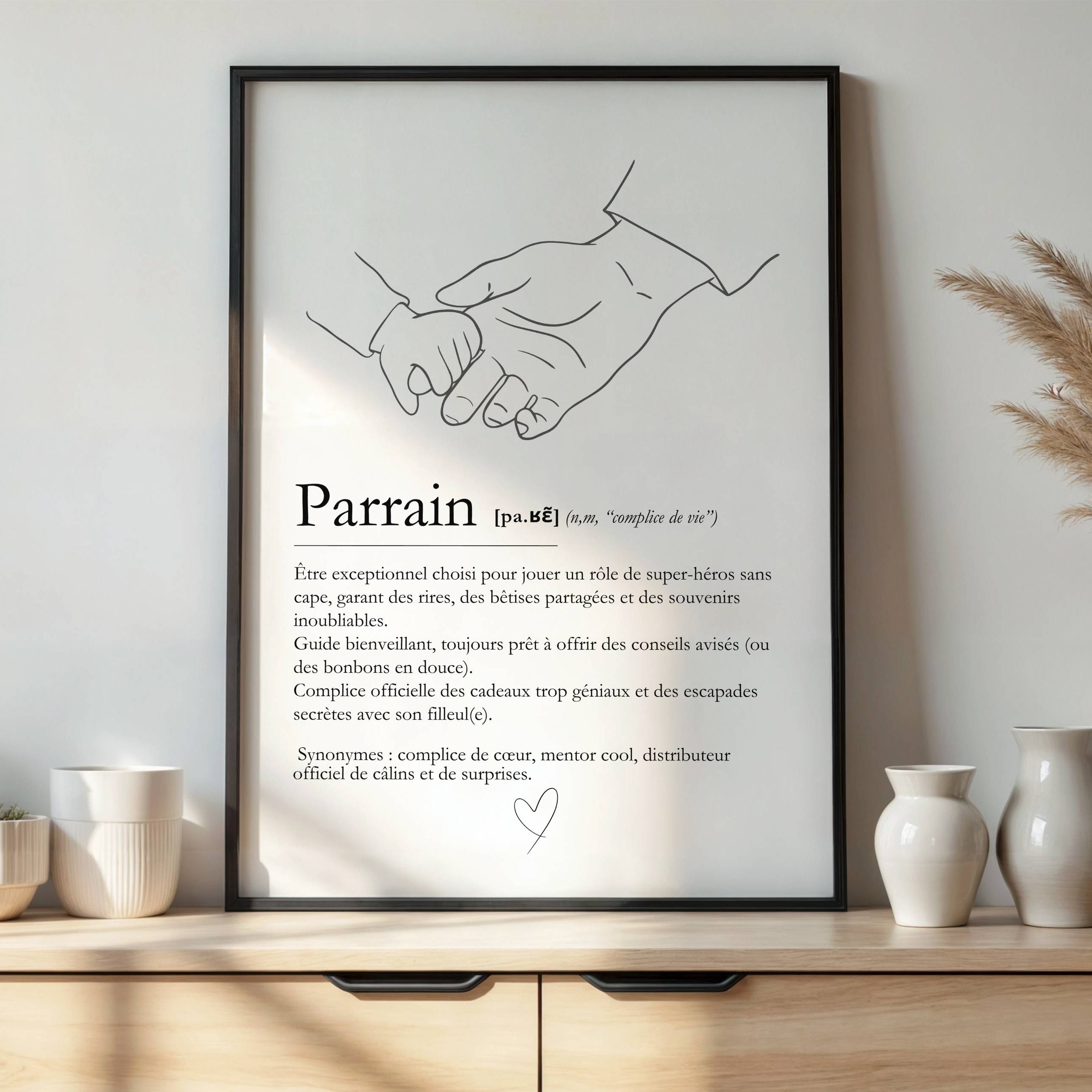 Affiche parrain personnalisée avec définition et illustration main du parrain et du filleul