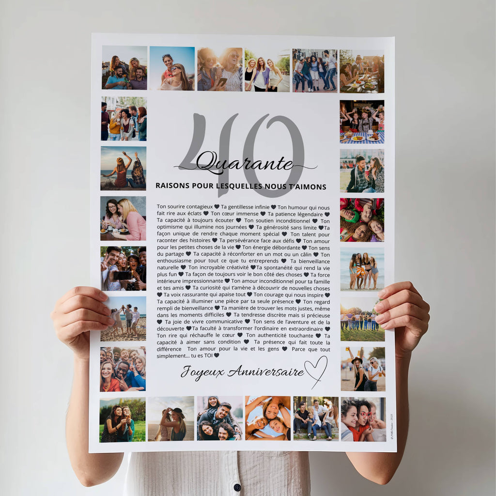 40-raisons-photos.jpg	Affiche personnalisée 40 ans avec photos souvenirs et 40 raisons pour lesquelles nous t’aimons, idée cadeau d’anniversaire originale.