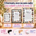 Affiche personnalisée 40 ans disponible en A4, 30 × 40 et 45 × 60 cm, avec cadre noir, blanc ou bois clair.