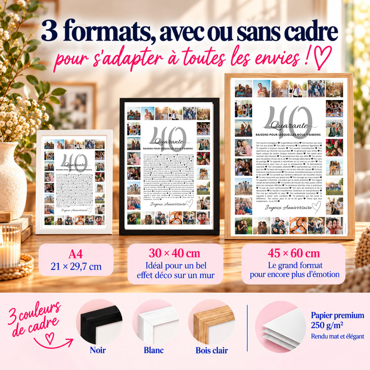 Affiche personnalisée 40 ans disponible en A4, 30 × 40 et 45 × 60 cm, avec cadre noir, blanc ou bois clair.