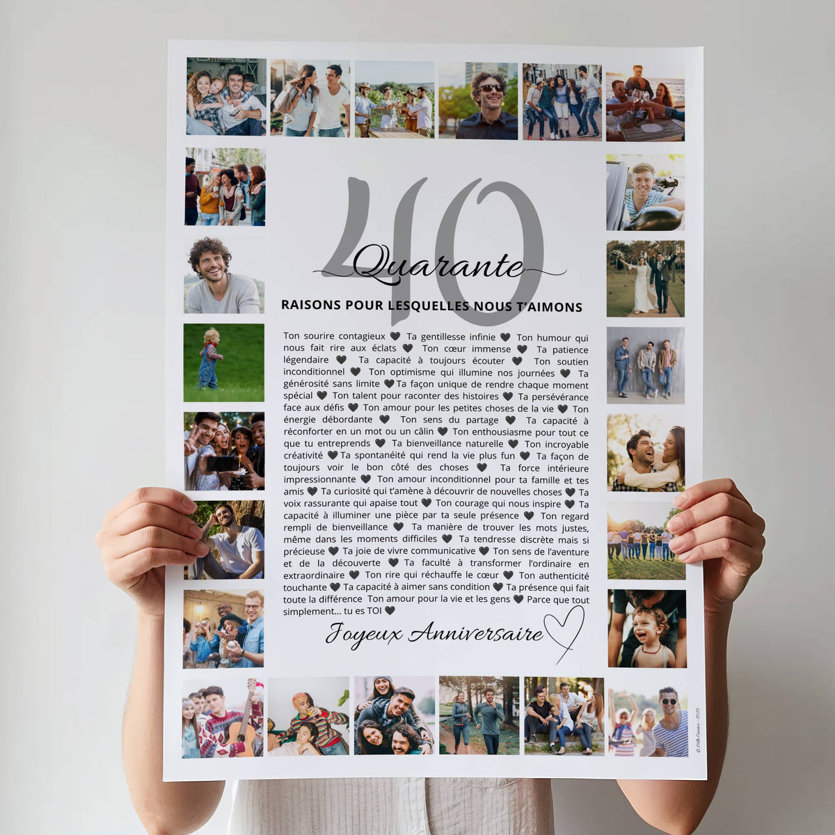 Affiche personnalisée pour les 40 ans d'un homme avec photos souvenirs et 40 raisons de l'aimer.
