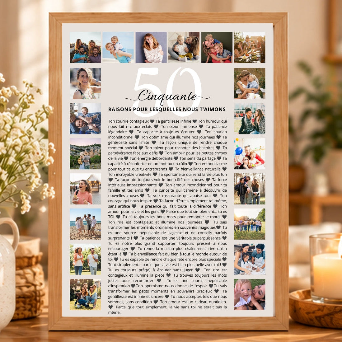 Affiche 50 raisons de t’aimer personnalisée avec photos, présentée dans un cadre en bois clair dans un intérieur chaleureux.