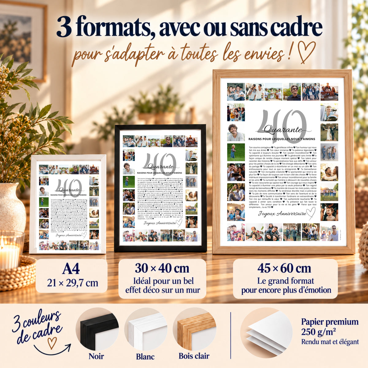 Affiche cadeau personnalisée pour homme disponible en A4, 30 × 40 cm et 45 × 60 cm, avec cadres noir, blanc ou bois clair.
