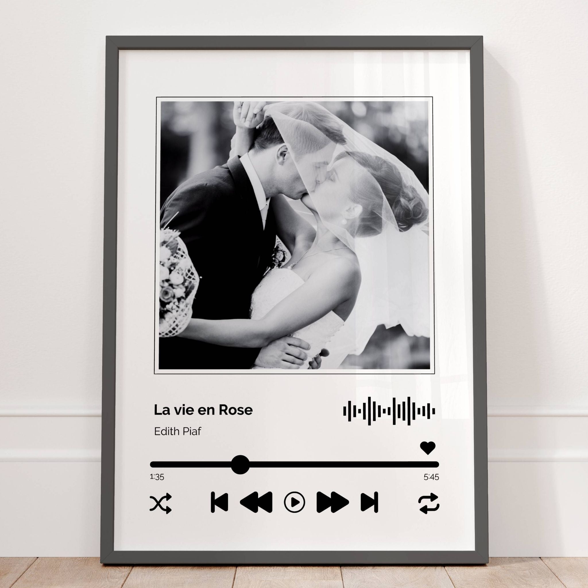 Affiche Spotify personnalisée avec photo du couple et chanson, idée cadeau romantique pour anniversaire, mariage ou Saint-Valentin.
