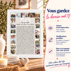 Affiche personnalisée avec photos dans un cadre blanc, accompagnée des garanties : aperçu avant impression, modifications possibles et validation.