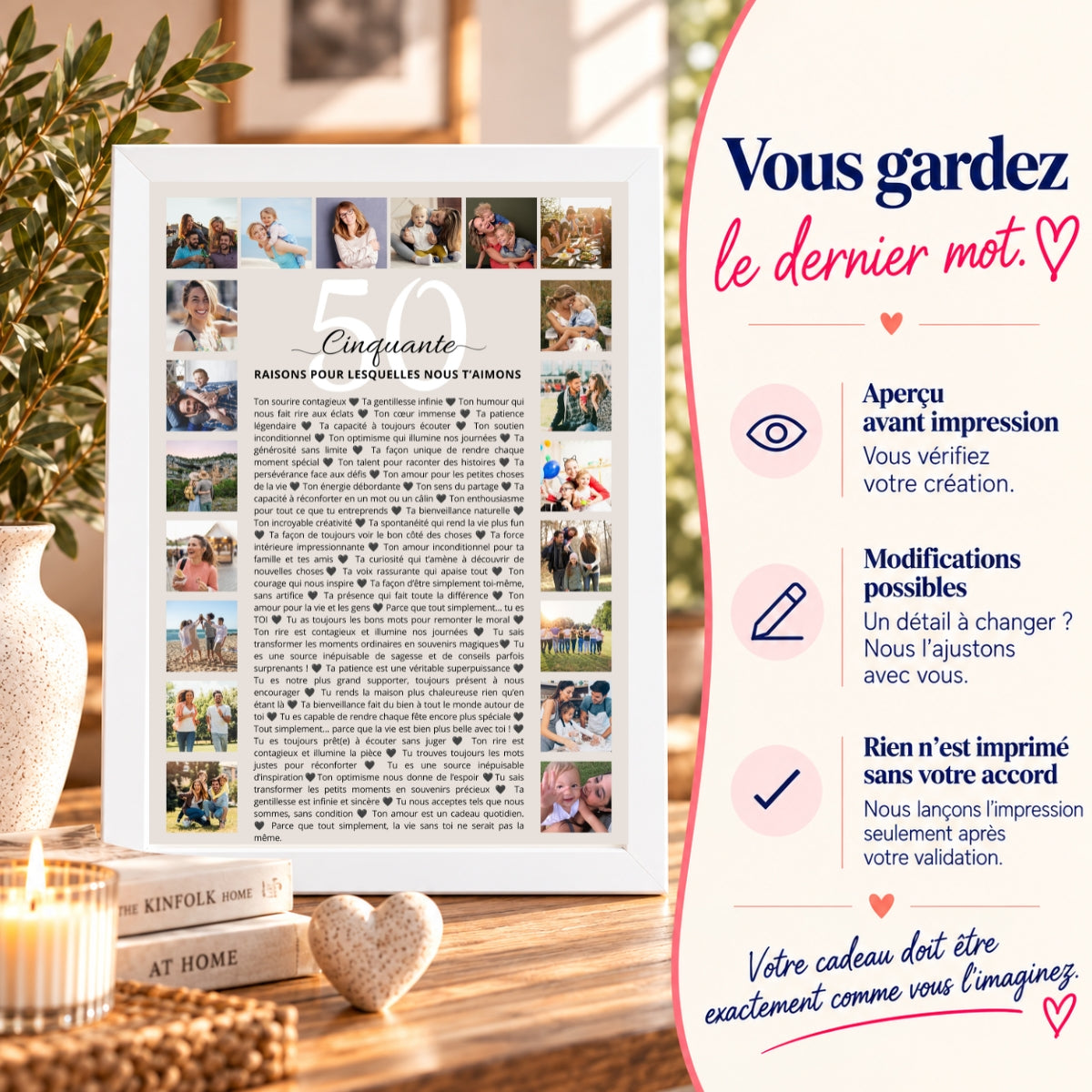 Affiche personnalisée avec photos dans un cadre blanc, accompagnée des garanties : aperçu avant impression, modifications possibles et validation.