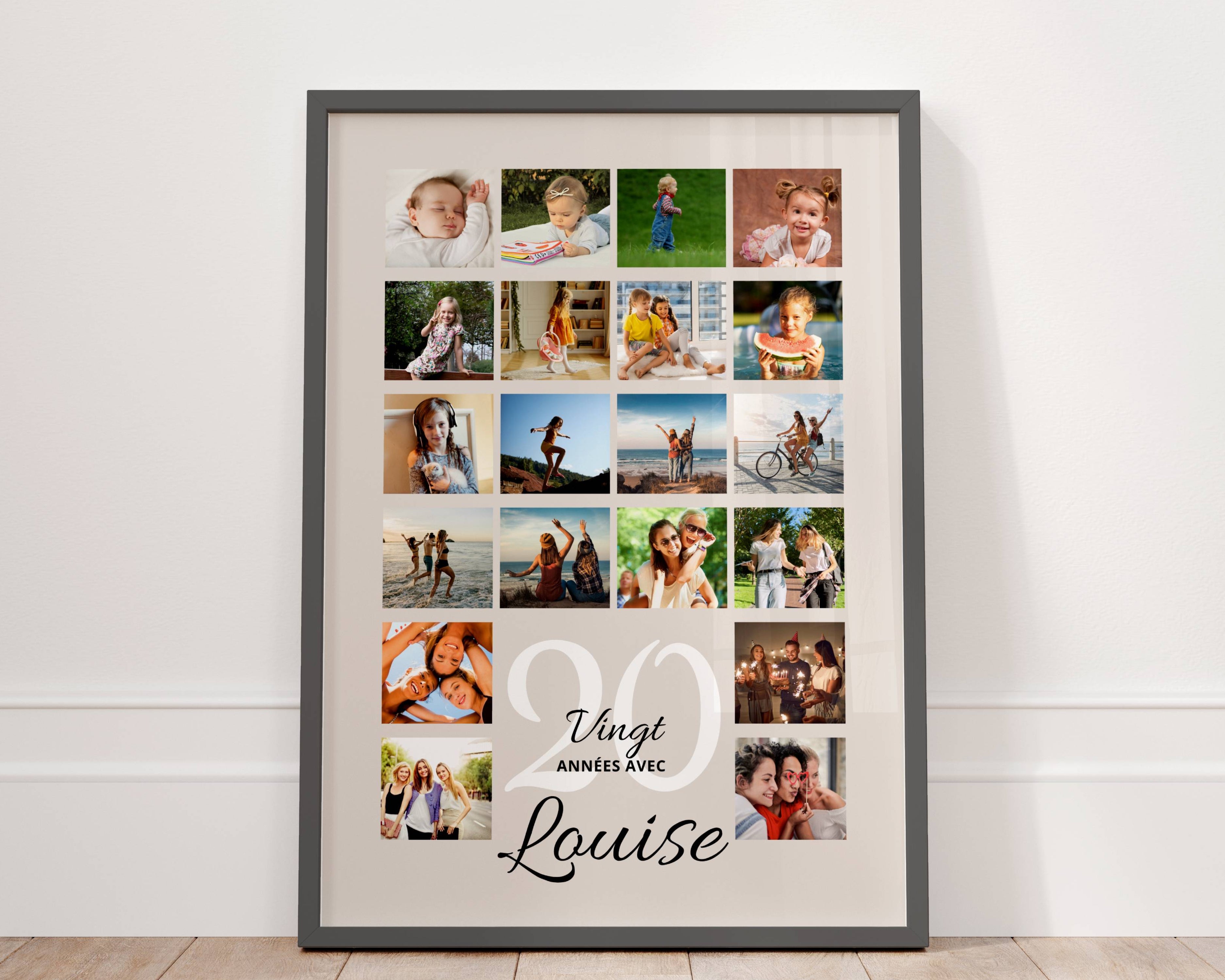 Cadeau 20 ans personnalisé avec affiche photo encadrée retraçant les souvenirs d'enfance jusqu'à ses vingt ans