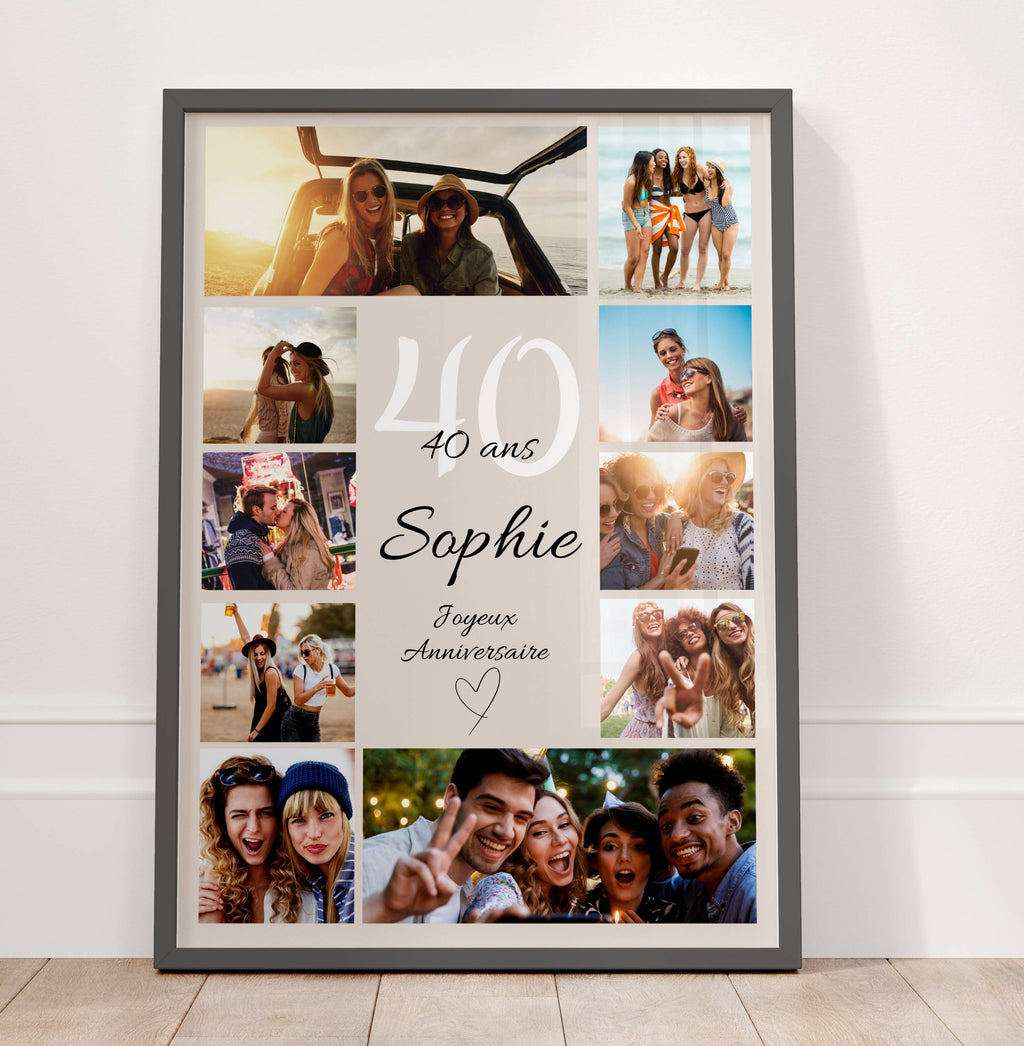 Affiche anniversaire personnalisée avec prénom et photos, cadeau souvenir inoubliable