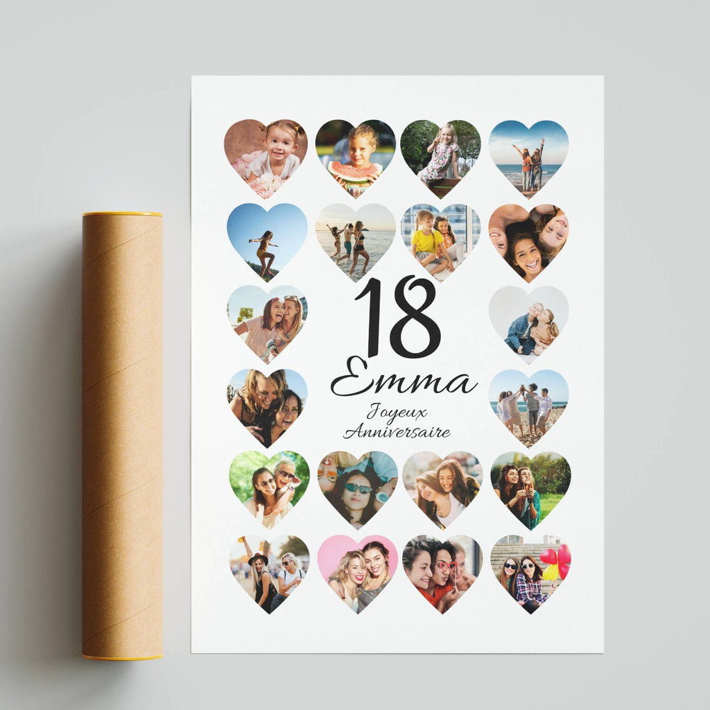 Affiche photo cœur personnalisée pour anniversaire 18 ans fille ou garçon