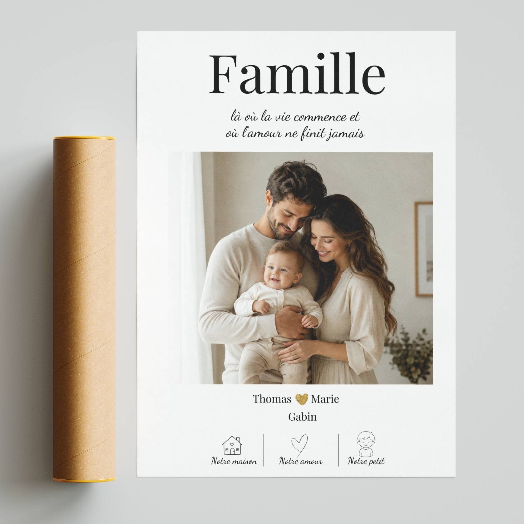 idée cadeau  famille, photo  personnalisée avec prénoms des parents et enfants sous la photo