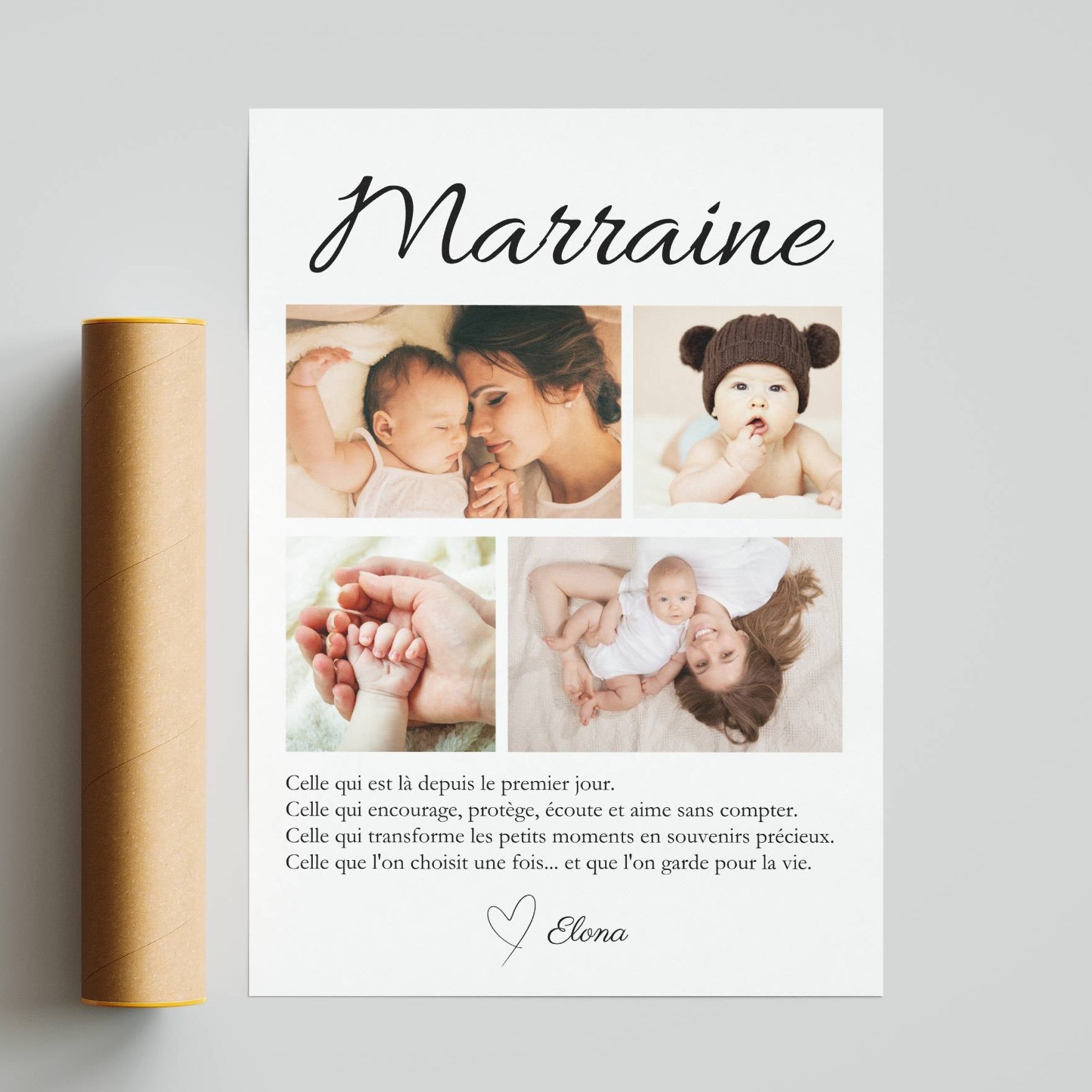 Affiche photo personnalisée pour marraine avec collage de souvenirs et message tendre, création unique imprimée en France.