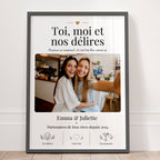 Détail d’un cadeau drôle meilleure amie avec prénoms personnalisés, date et phrase partenaires de fous rires