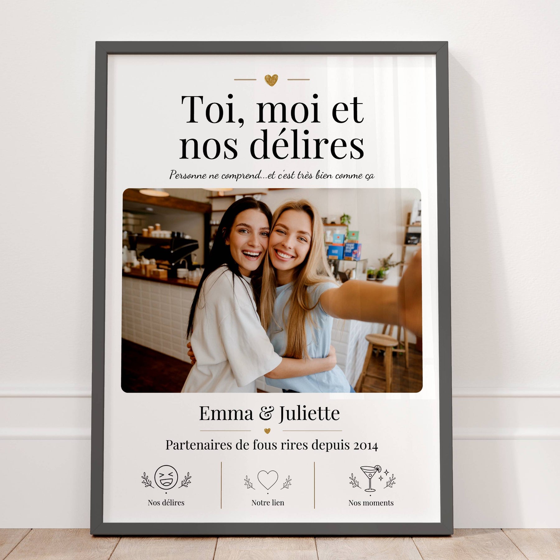 Détail d’un cadeau drôle meilleure amie avec prénoms personnalisés, date et phrase partenaires de fous rires