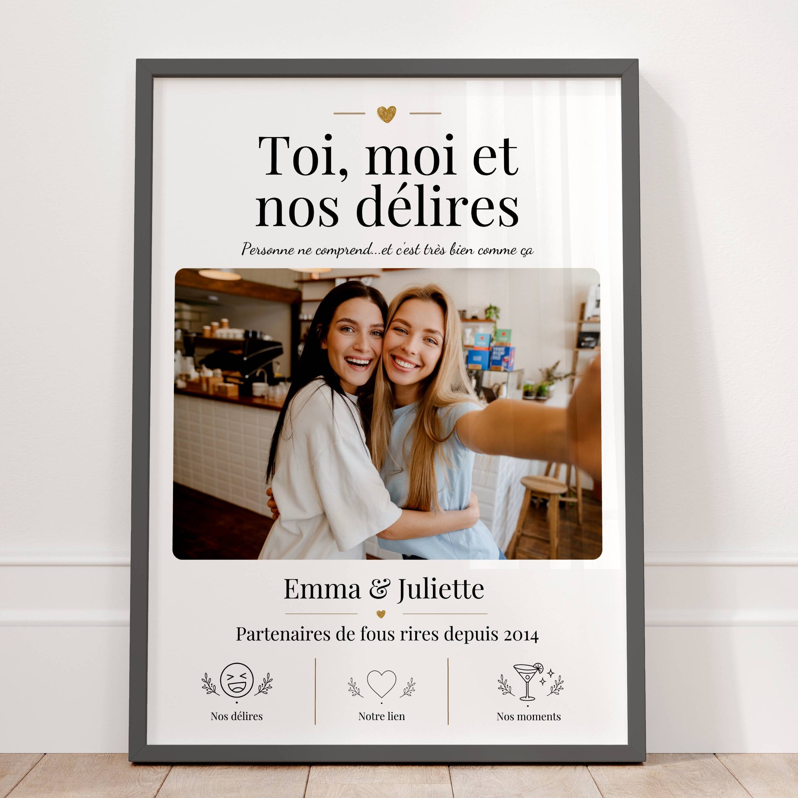 Détail d’un cadeau drôle meilleure amie avec prénoms personnalisés, date et phrase partenaires de fous rires
