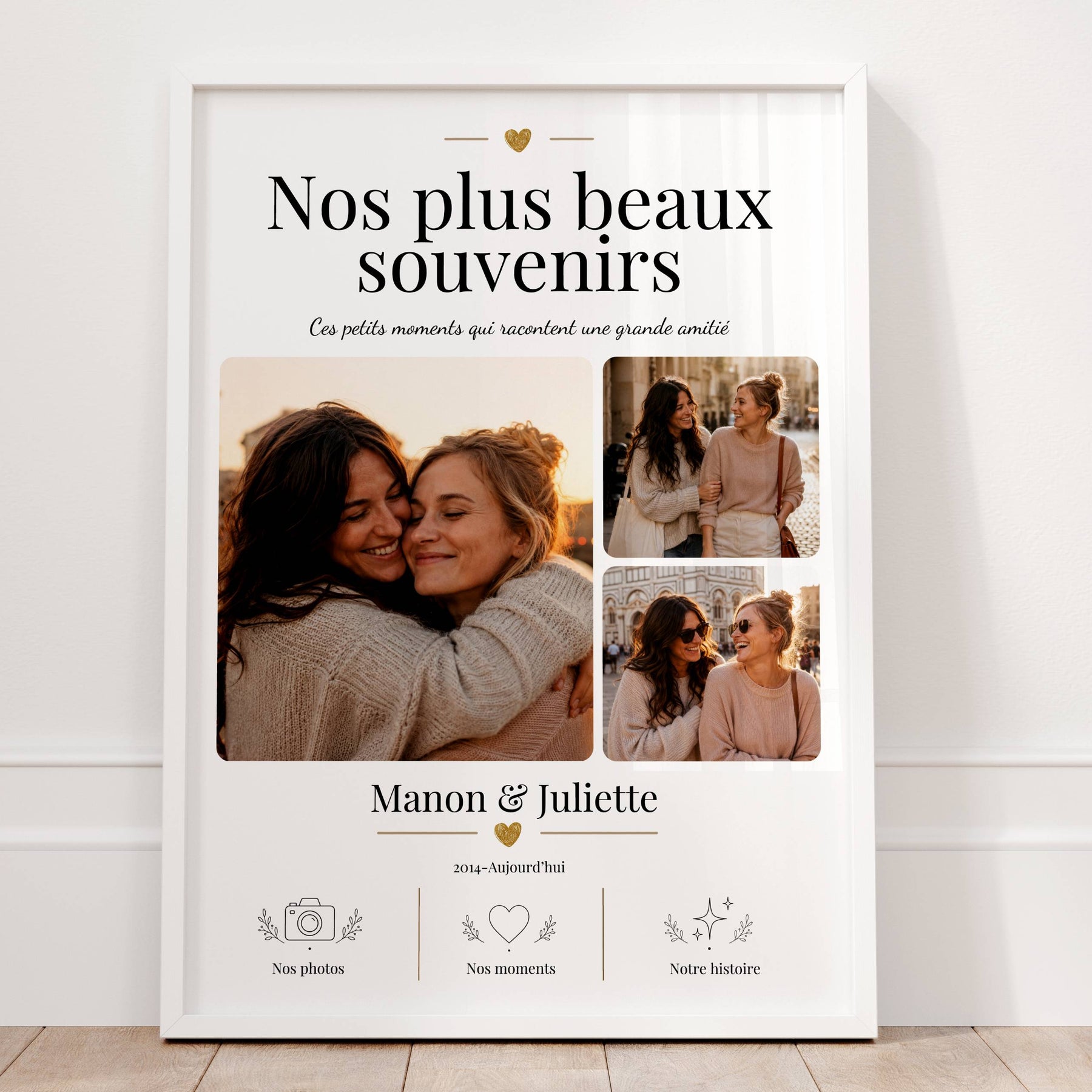 Détail d’une affiche cadeau meilleure amie avec prénoms, date personnalisée et message tendre sur les souvenirs partagés