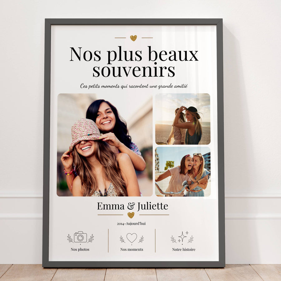 Affiche photo meilleure amie personnalisée avec trois souvenirs, prénoms et date pour un cadeau d’amitié émouvant