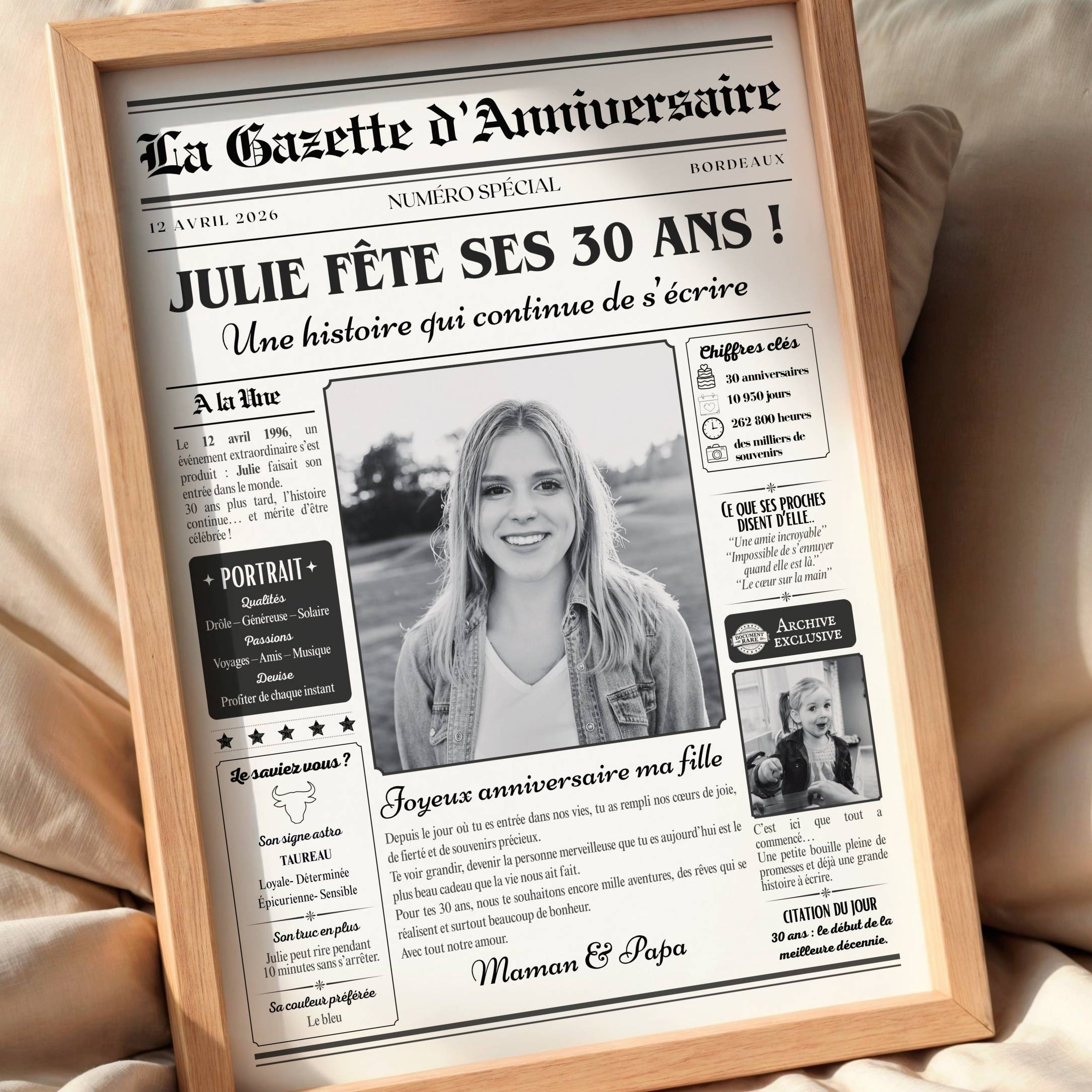 Journal anniversaire personnalisé avec photo bébé, portrait et informations de naissance pour cadeau 30 ans