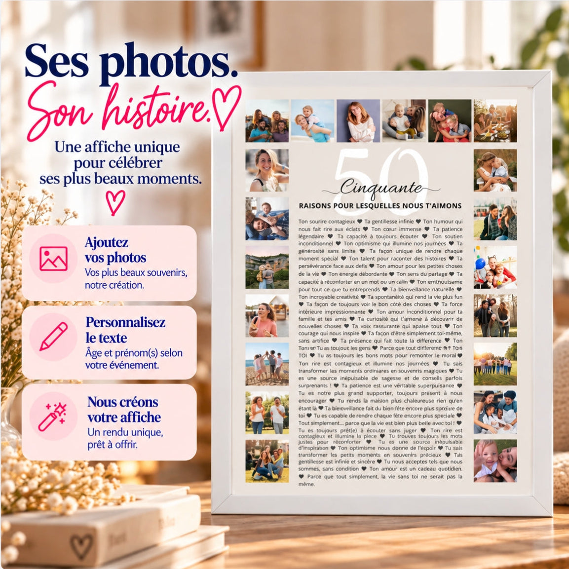 Affiche photo personnalisée 50 raisons pour lesquelles nous t’aimons, avec présentation des étapes pour ajouter ses photos et personnaliser le texte.