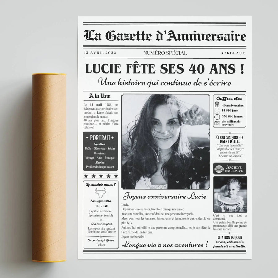 Journal anniversaire personnalisé 40 ans avec photo et message des proches