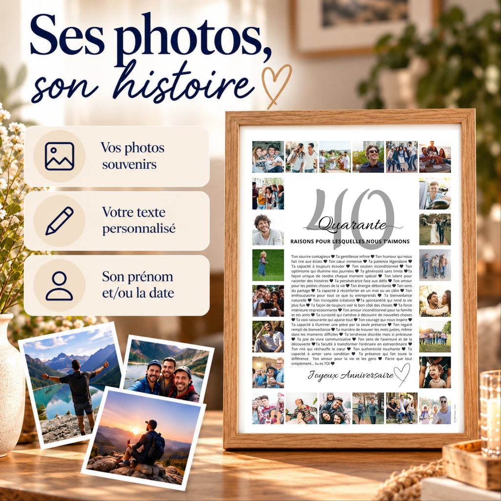 Affiche photo personnalisée pour homme avec souvenirs, texte personnel et prénom, présentée dans un cadre en bois clair.