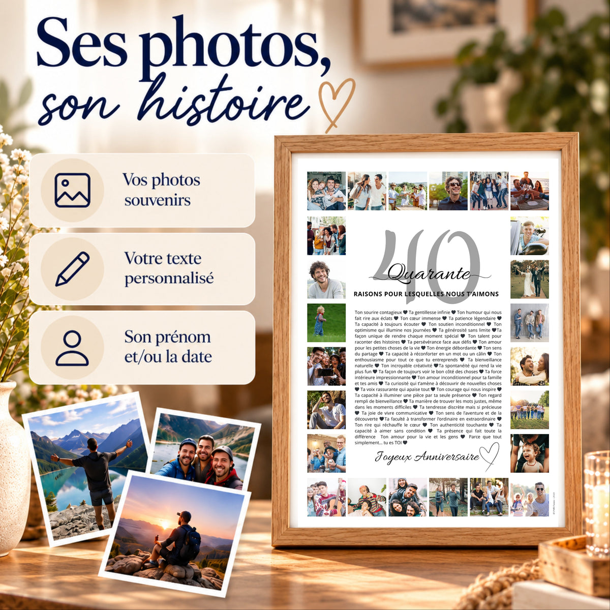 Affiche photo personnalisée pour homme avec souvenirs, texte personnel et prénom, présentée dans un cadre en bois clair.