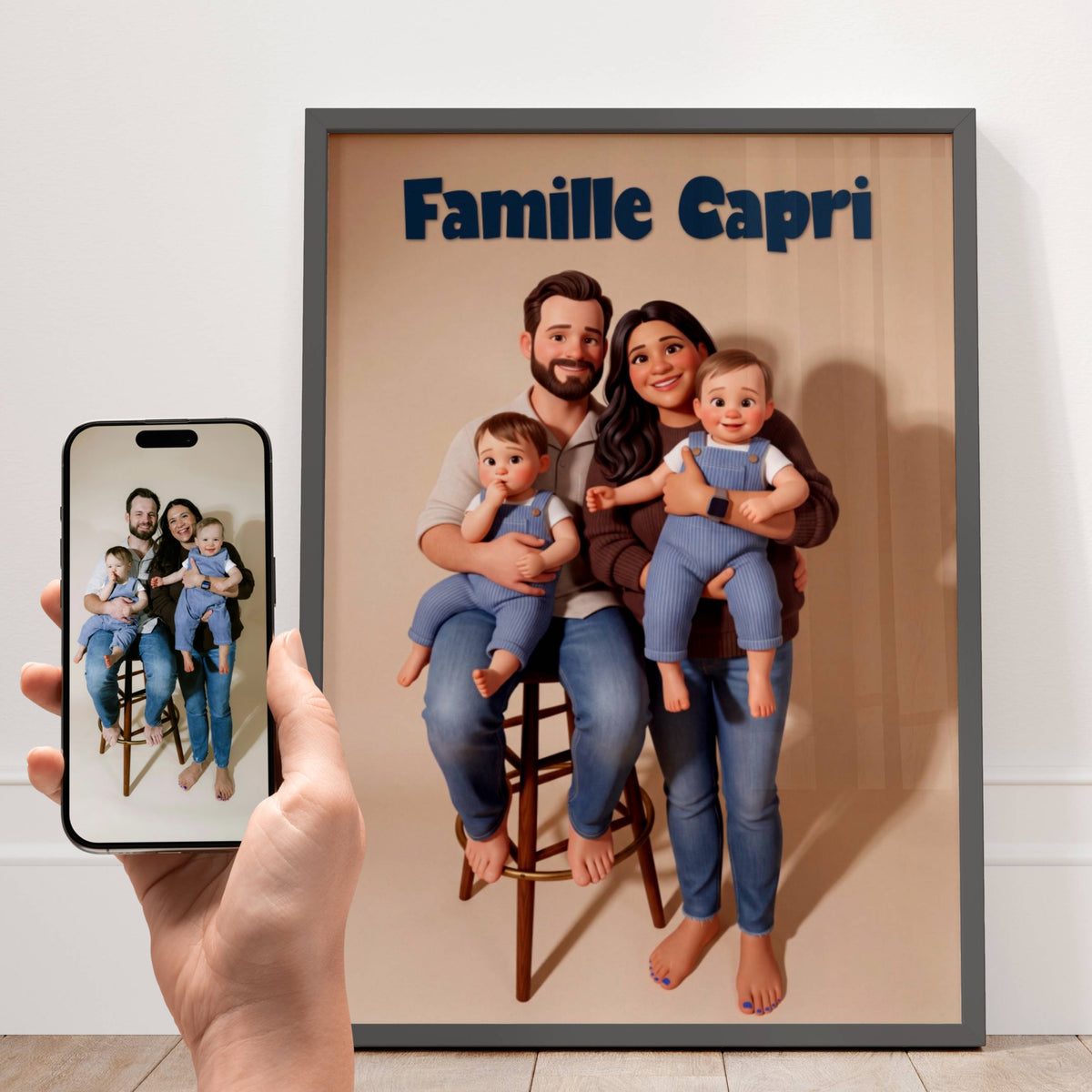 Affiche portrait 3D personnalisée d'une famille transformée depuis une photo en personnages style film d'animation