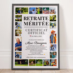 Affiche retraite personnalisée avec photos style certificat officiel pour homme ou femme, cadeau départ retraite original et émouvant
