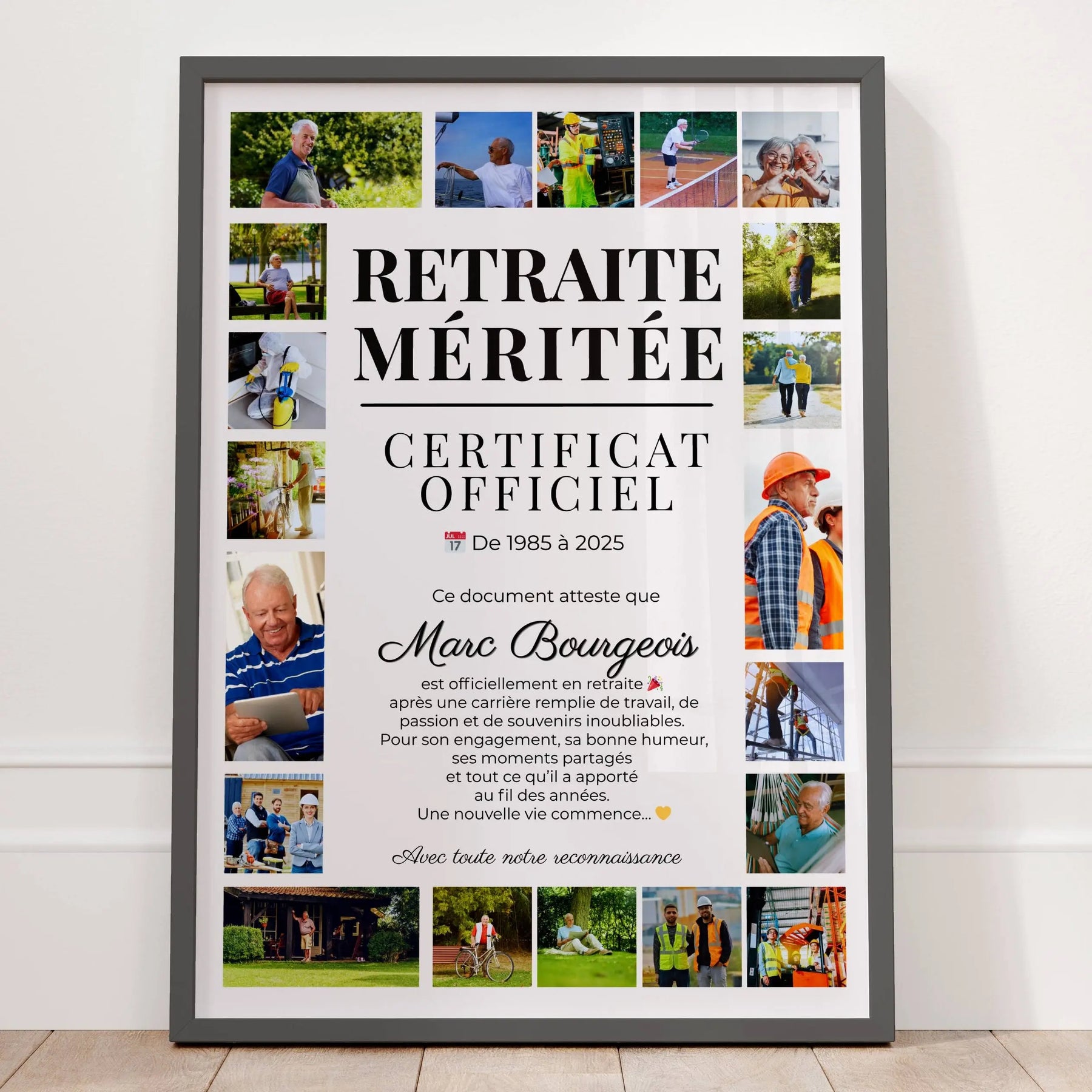 Affiche retraite personnalisée avec photos style certificat officiel pour homme ou femme, cadeau départ retraite original et émouvant