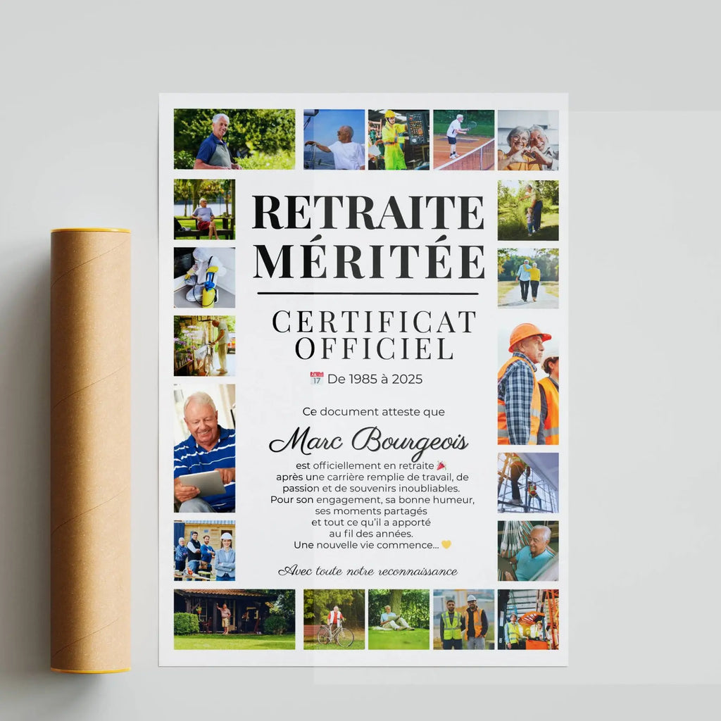 Affiche départ à la retraite avec photos personnalisées et message de reconnaissance, souvenir élégant pour fin de carrière