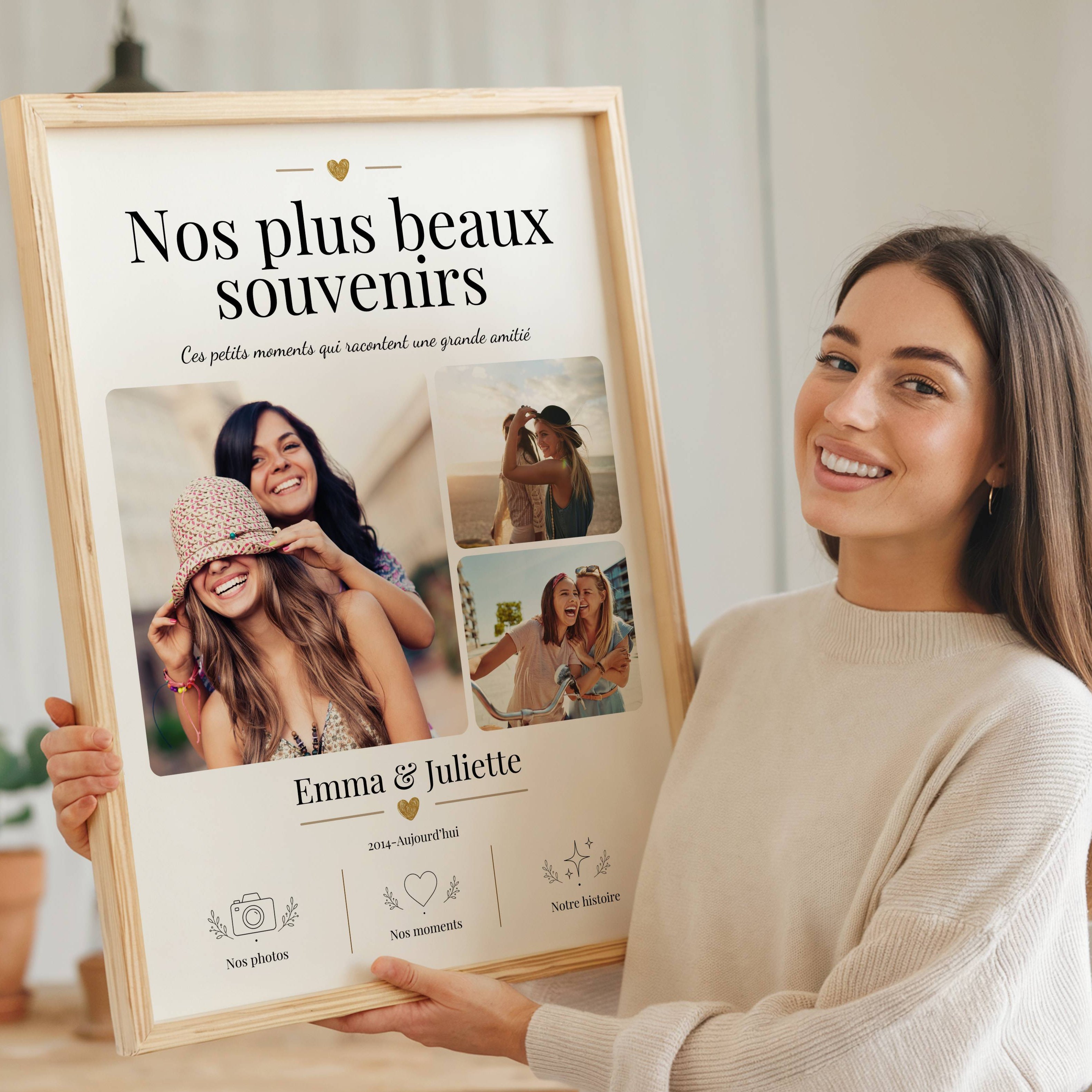 Zoom sur affiche souvenir meilleure amie avec photos personnalisées, idéale pour anniversaire, Noël ou cadeau d’amitié