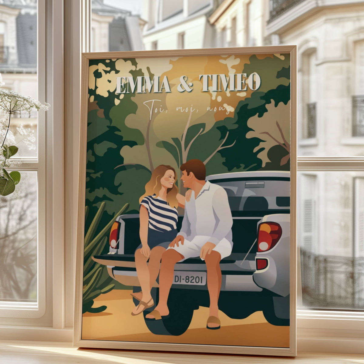 Affiche photo couple personnalisée façon illustration rétro, un souvenir unique créé à partir de votre photo préférée