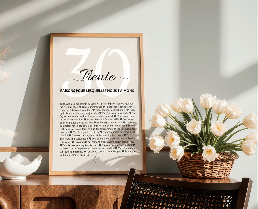 Affiche Personnalisée 30 ans – 30 Raisons Pour Lesquelles Nous T’aimons | Cadeau Touchant & Unique
