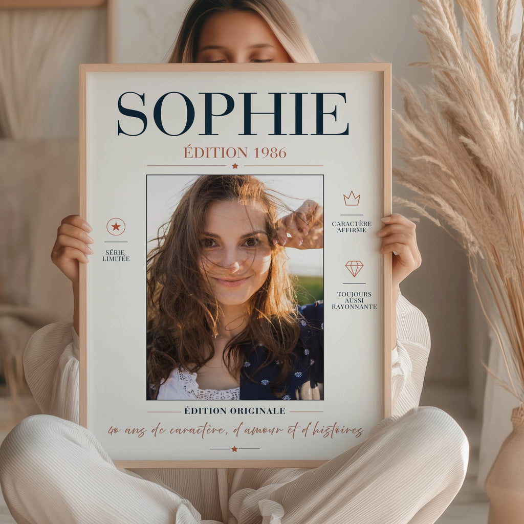 Affiche 40 ans femme personnalisée avec grande photo, prénom et année de naissance